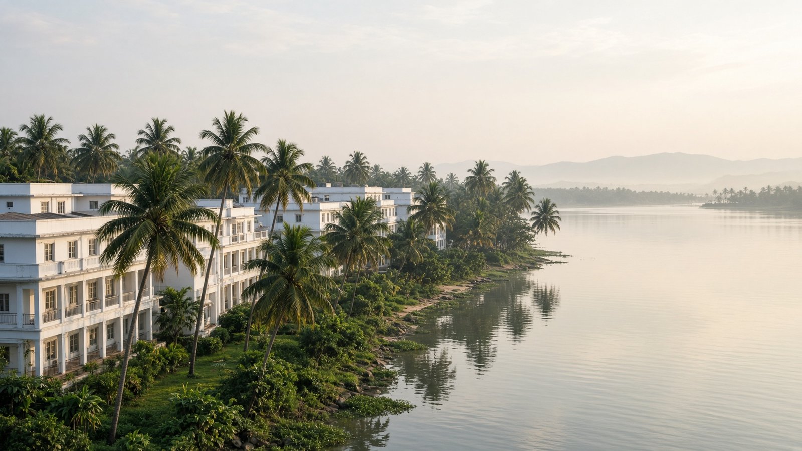 Amrita. Hostels facing the lagoon at Amritapuri.