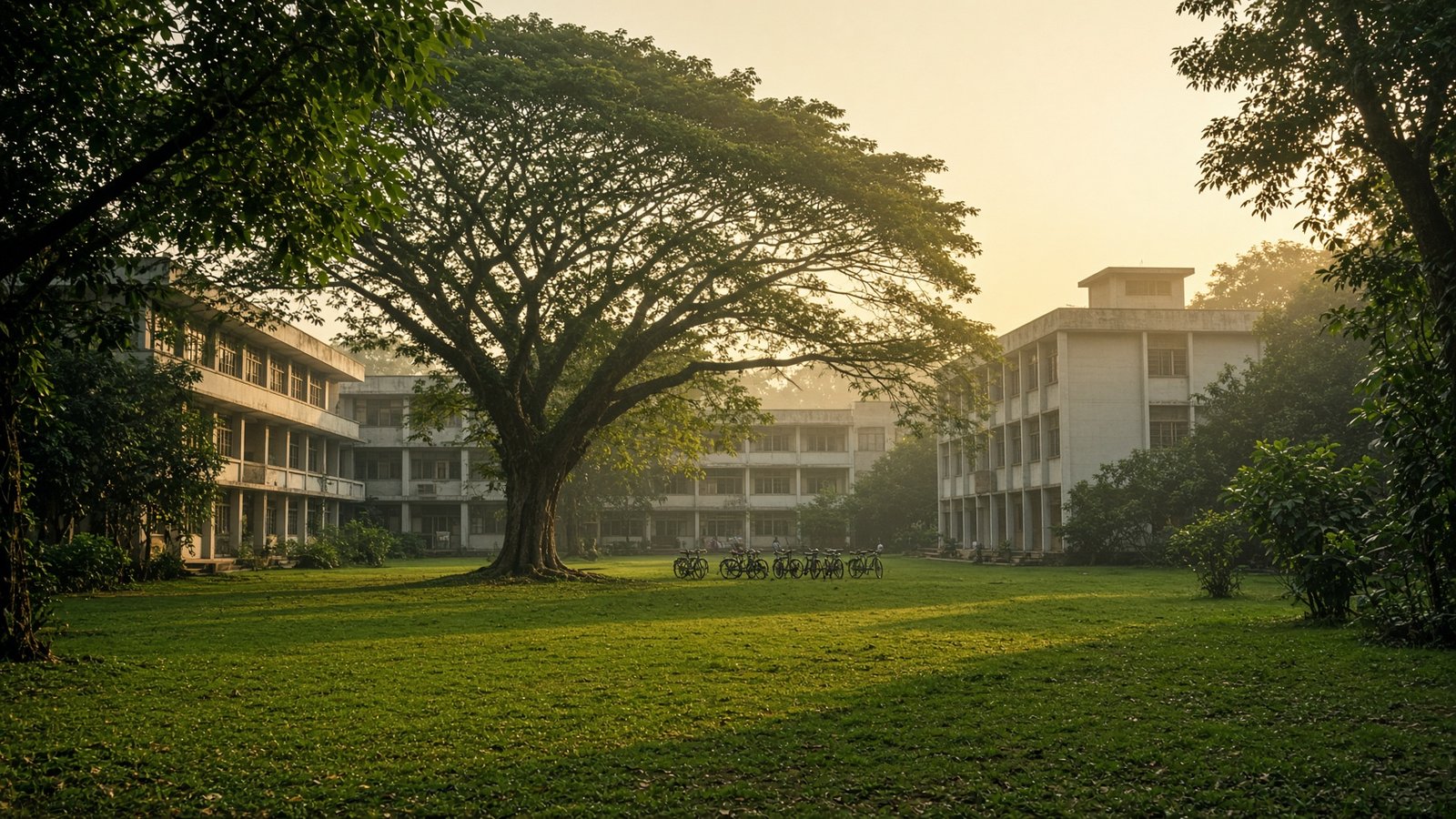 CUSAT. The rain-tree lawn at Kalamassery.