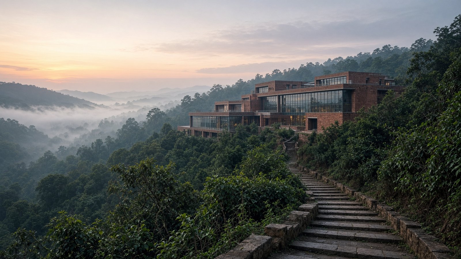 IIM Kozhikode. The long building stepping down the hill.