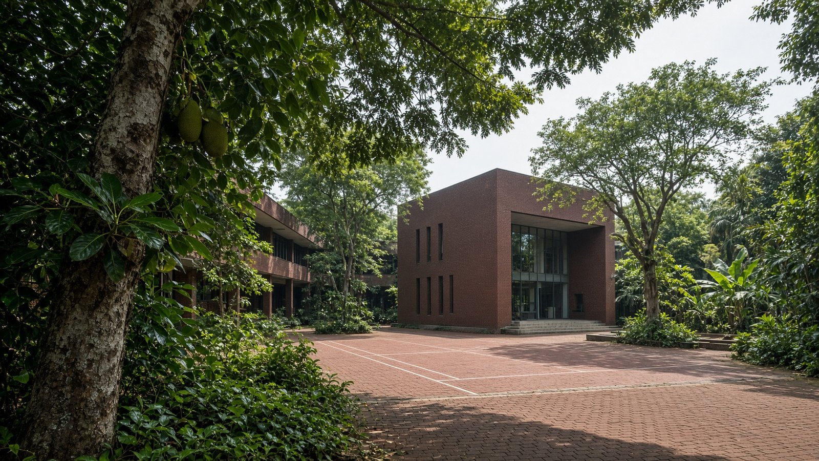 NUALS. Brick courts and the library cube.